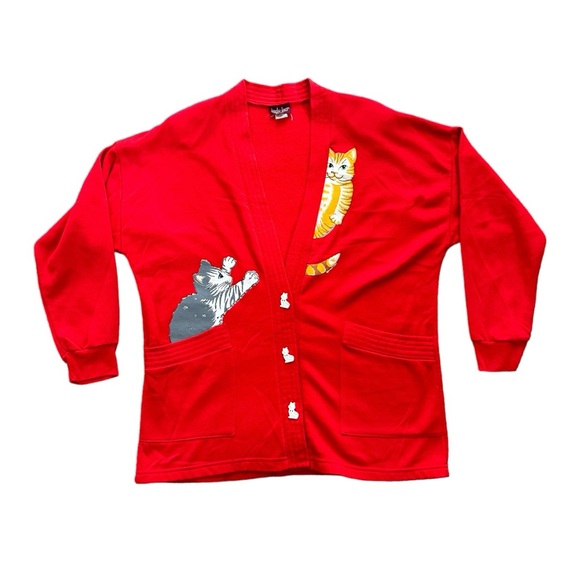 Vintage Linda Lori New York Womens Red Cat Cardigan Sweater One Size VTG Retro - Picture 1 of 11